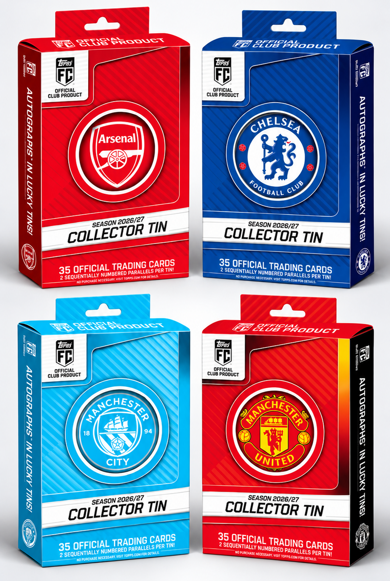 2026-27 Topps Soccer Collector Tins - 4 Pack - Arsenal, Manchester City, Manchester United, Chelsea - Ripped or Shipped