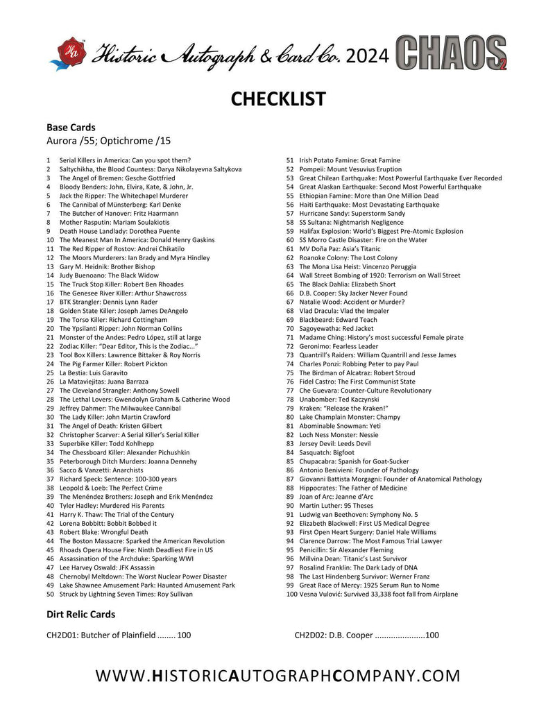 Chaos Series 2 Trading Cards Hobby Box (Historic Autographs 2024)