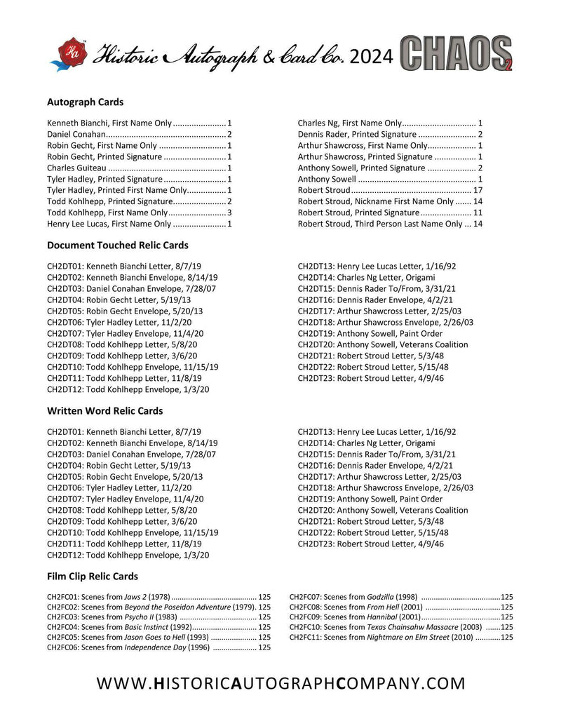 Chaos Series 2 Trading Cards Hobby Box (Historic Autographs 2024)