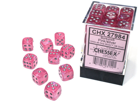 Chessex Borealis® 12mm d6 Pink/silver Luminary™ Dice Block™ (36 dice)