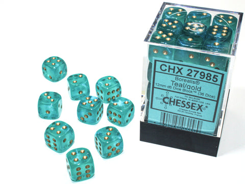 Chessex Borealis® 12mm d6 Teal/gold Luminary™ Dice Block™ (36 dice)